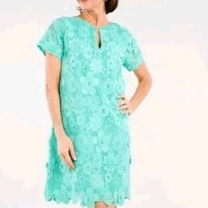 ABBEY GLASS Lulu Shift Dress Lace 3D Flowers Knee V Neck Short Sleeve Lined S